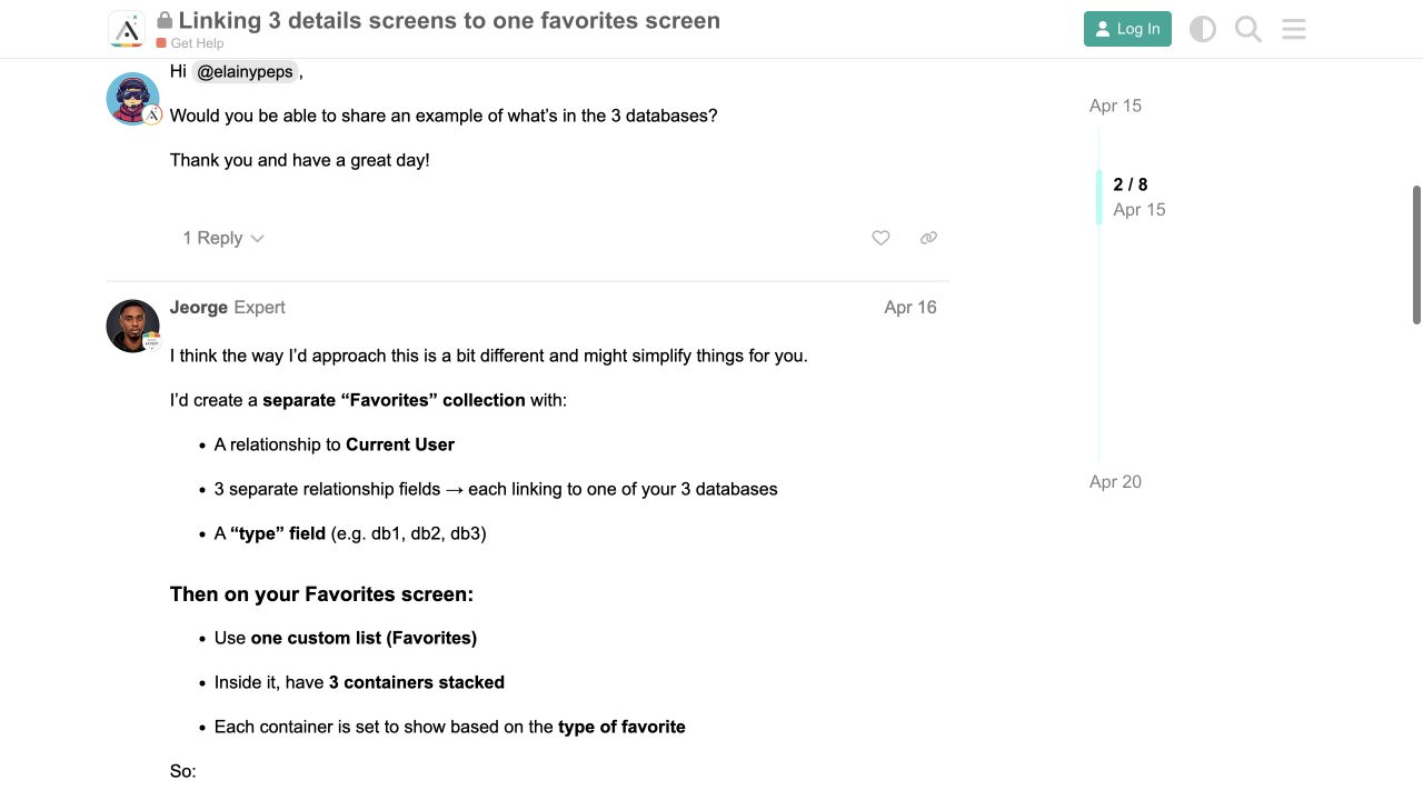 April 2026 Adalo forum answer recommending a separate Favorites collection
