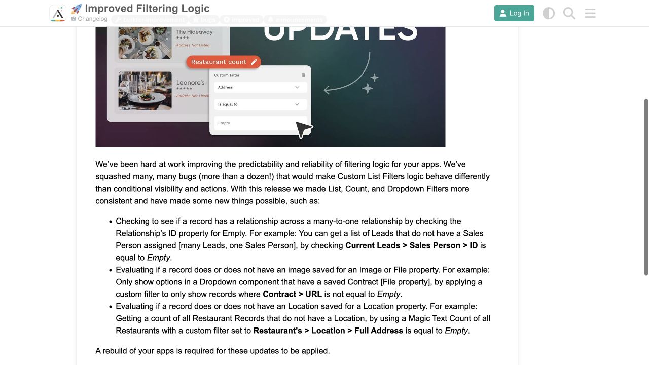 Adalo forum changelog post describing improved filtering logic and consistency