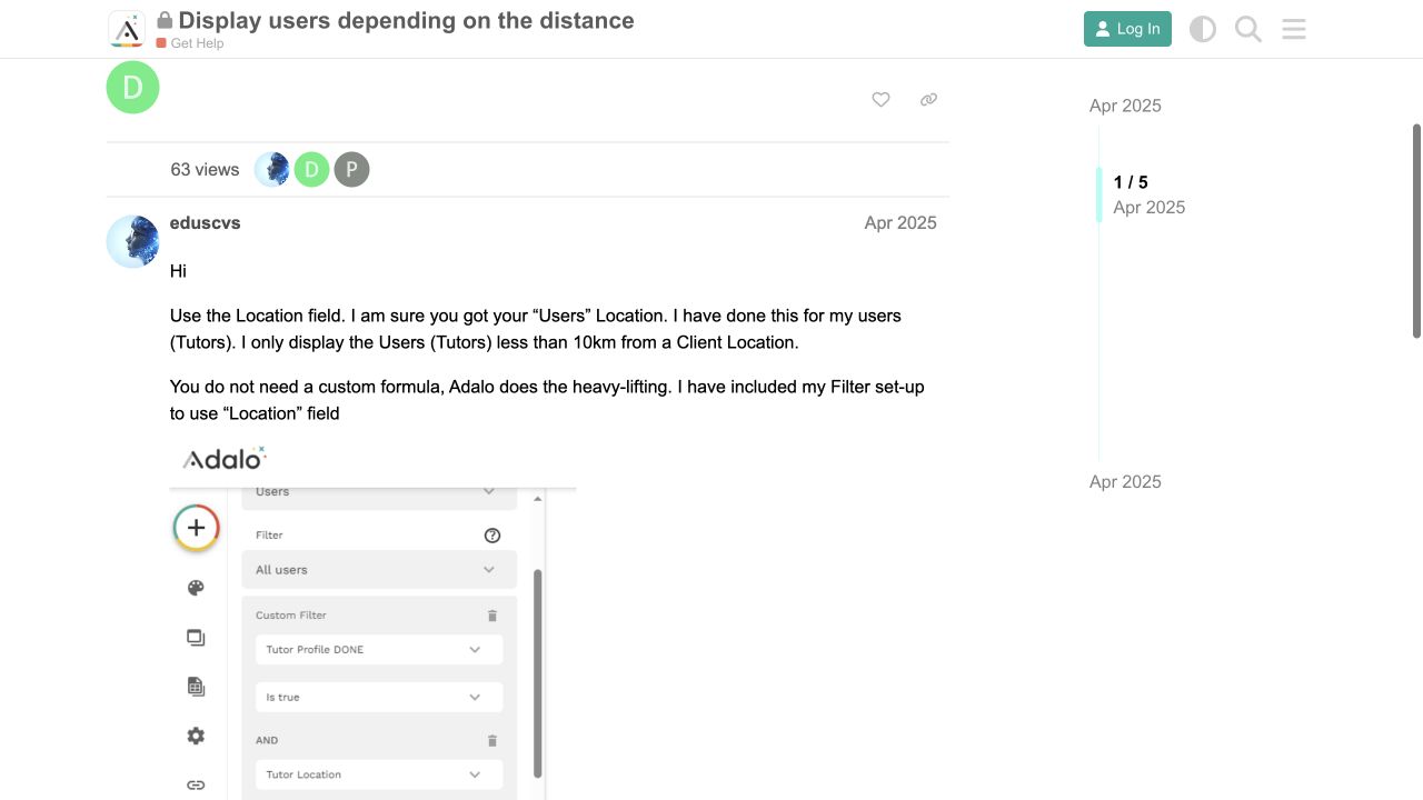 April 2025 Adalo forum answer showing a distance filter using Location fields