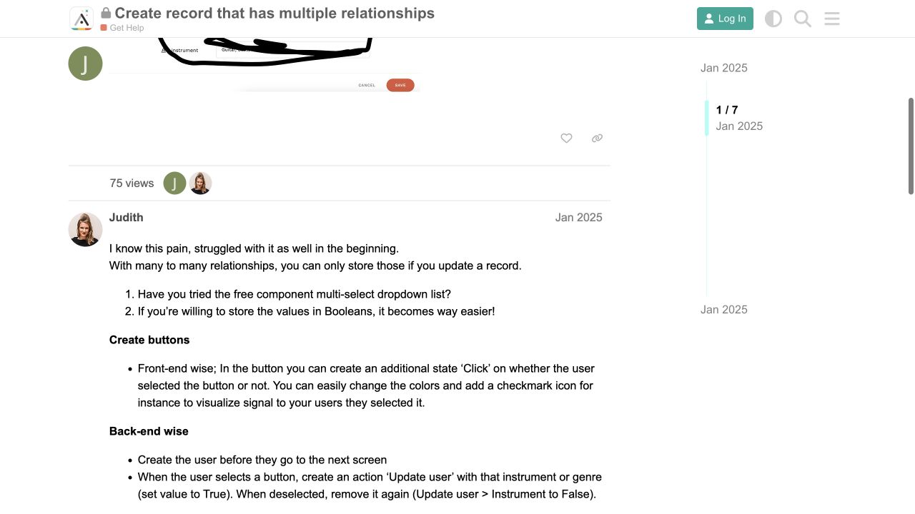 January 2025 Adalo forum response about multiple relationships and selection controls