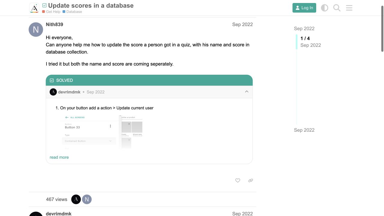 Adalo forum answer describing how to update a quiz score field
