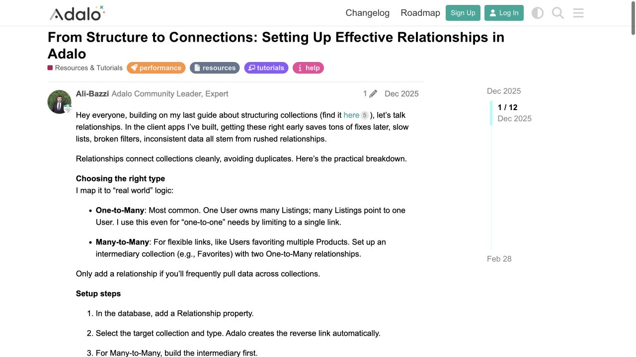 Recent Adalo forum guide explaining intermediary relationship collections