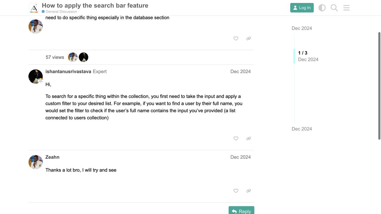 December 2024 Adalo forum answer explaining a search input and Contains filter