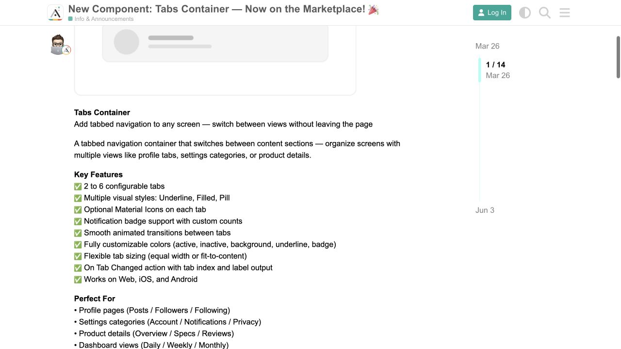 March 2026 Adalo forum announcement for the Tabs Container component