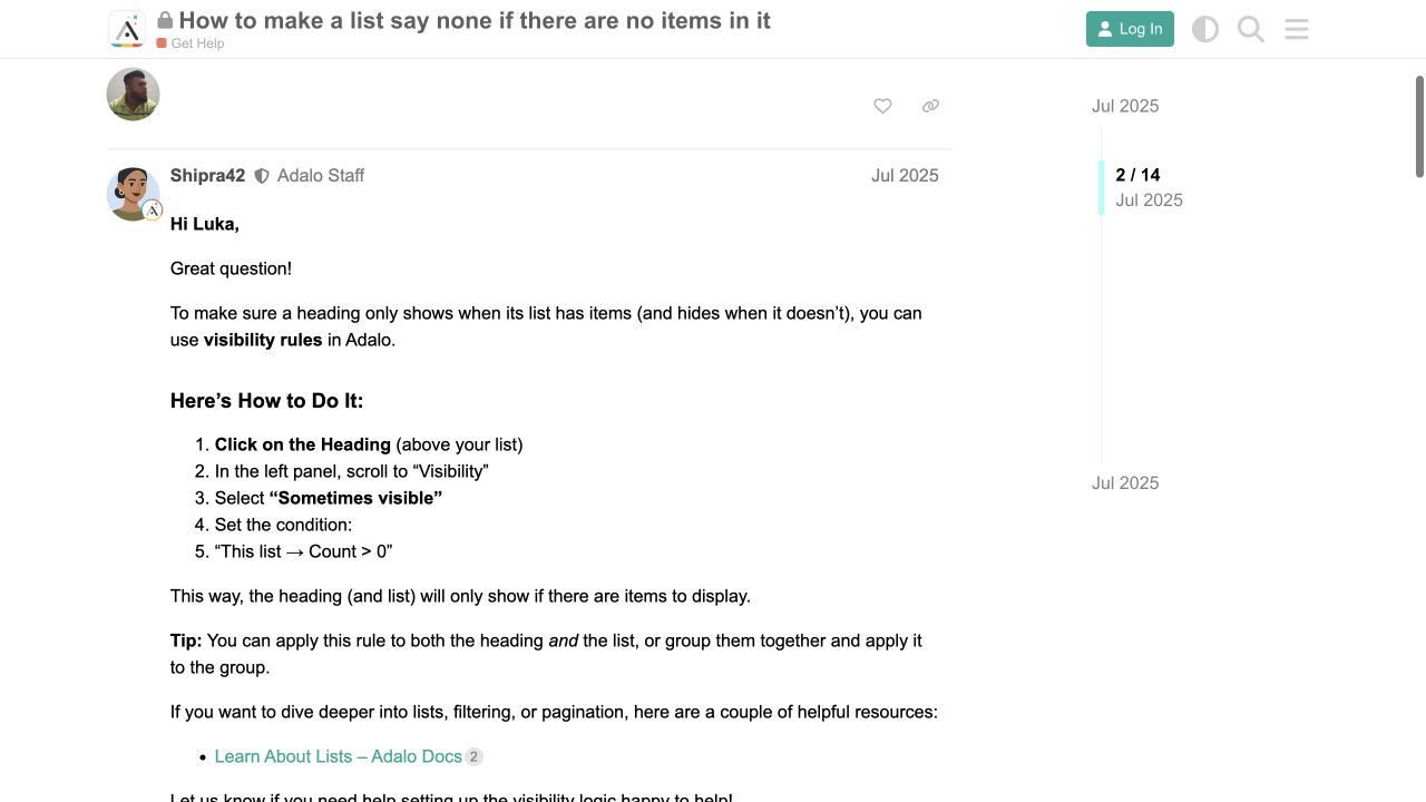 July 2025 Adalo forum guidance for showing content when a list has records