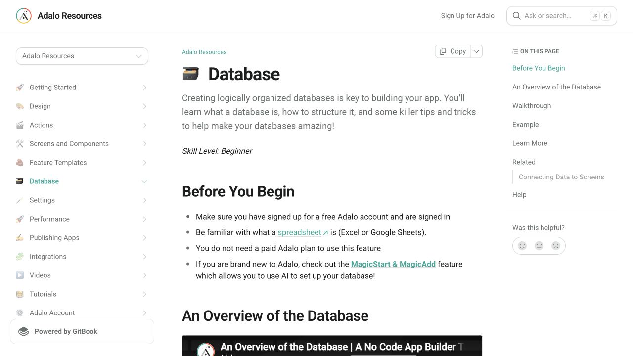 Current Adalo Resources database page showing collections and database concepts