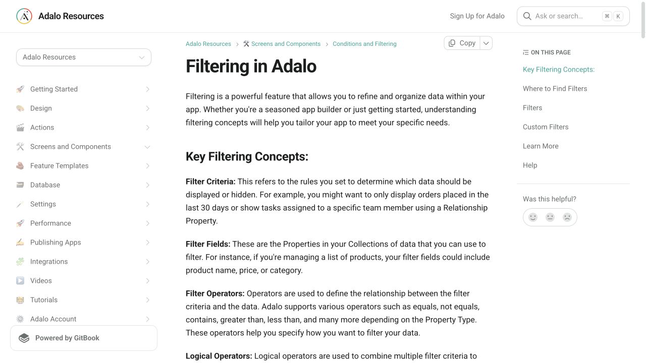 Current Adalo Resources filtering page explaining filter concepts for lists