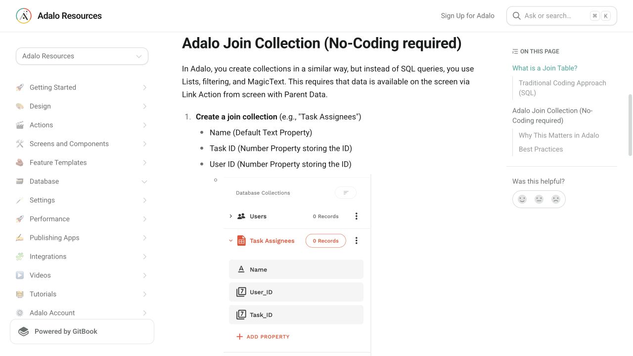 Current Adalo Resources join collection documentation for intermediary records