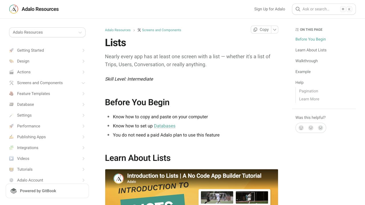 Current Adalo Resources page explaining how lists connect to database collections