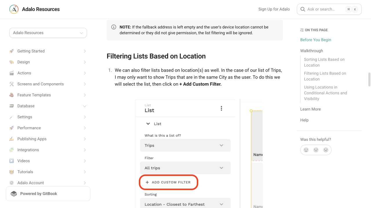 Current Adalo Resources instructions for filtering lists by geographic location
