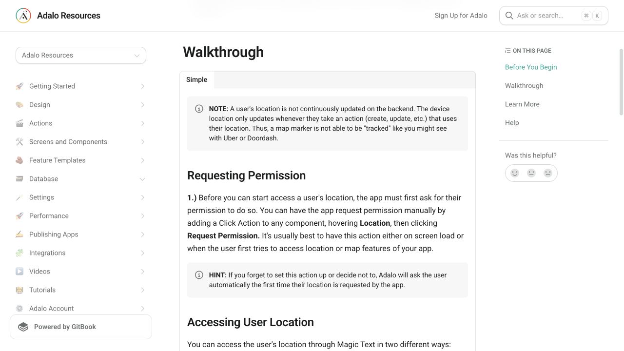 Current Adalo Resources location permission and fallback address guidance