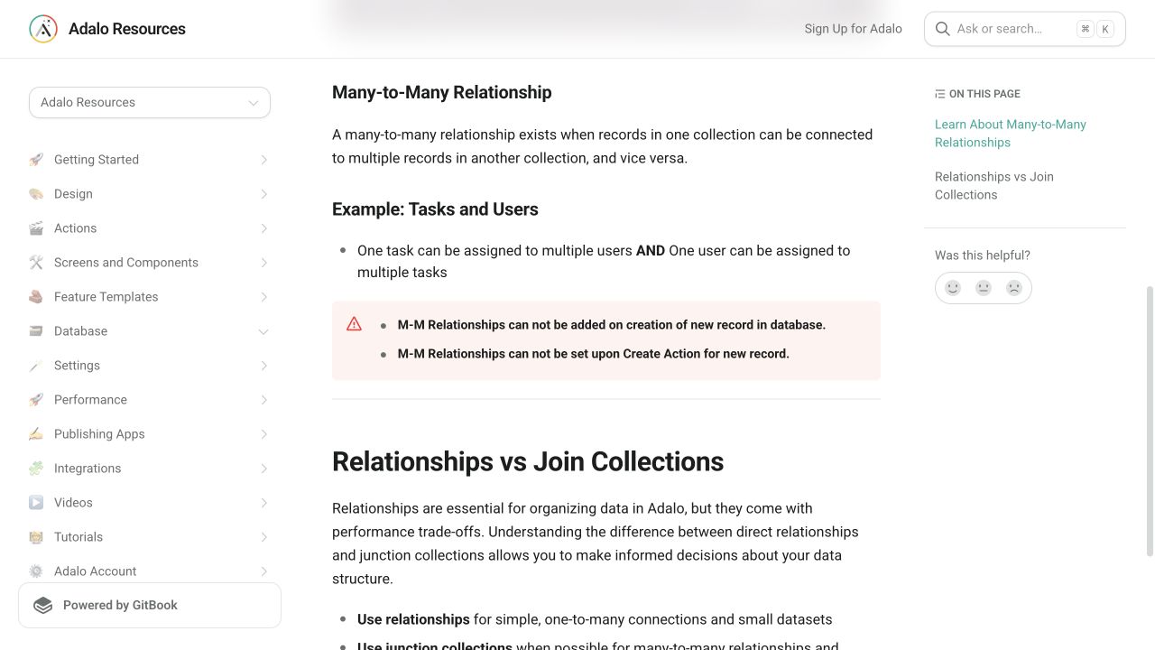 Current Adalo Resources guidance describing many-to-many relationship behavior