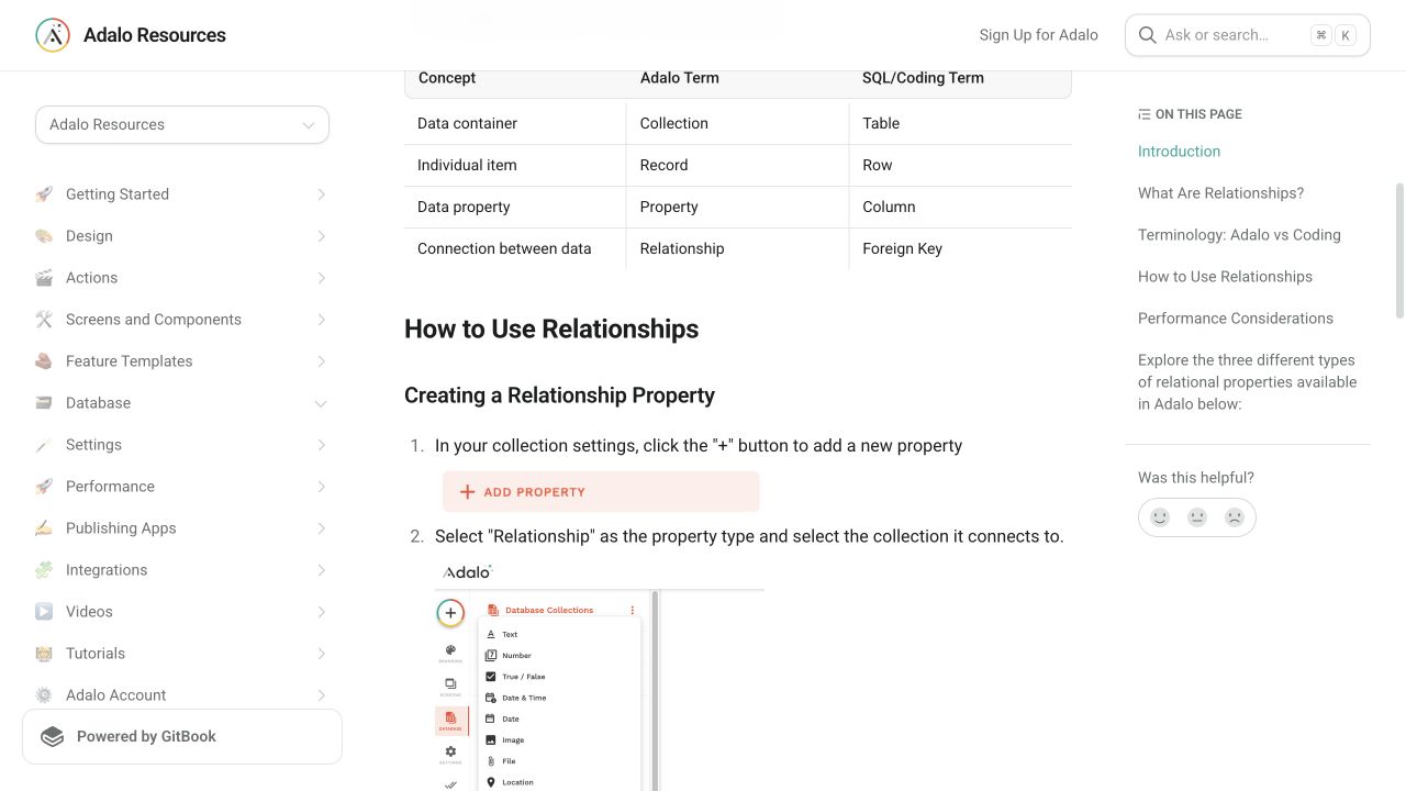 Current Adalo Resources instructions for creating database relationships