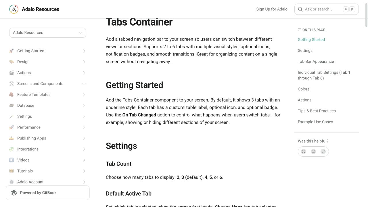 Current Adalo Resources documentation for the Tabs Container marketplace component