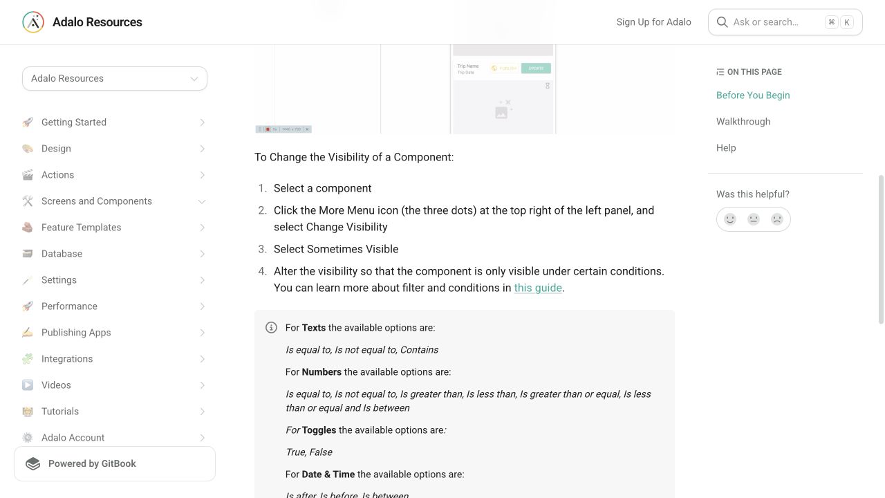 Current Adalo Resources page showing the Sometimes Visible component setting