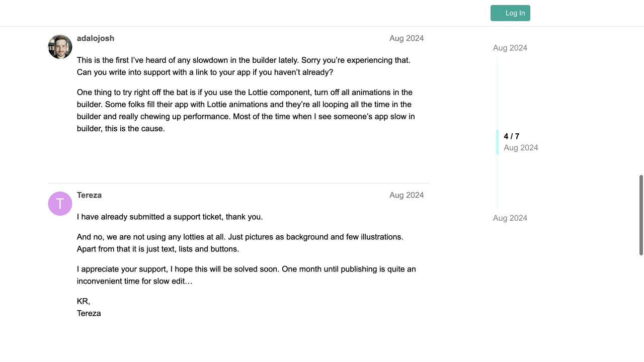 Adalo staff forum guidance about looping Lottie animations slowing the builder