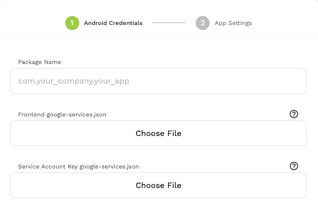 Adalo Android build form asking for the package name and Google service files