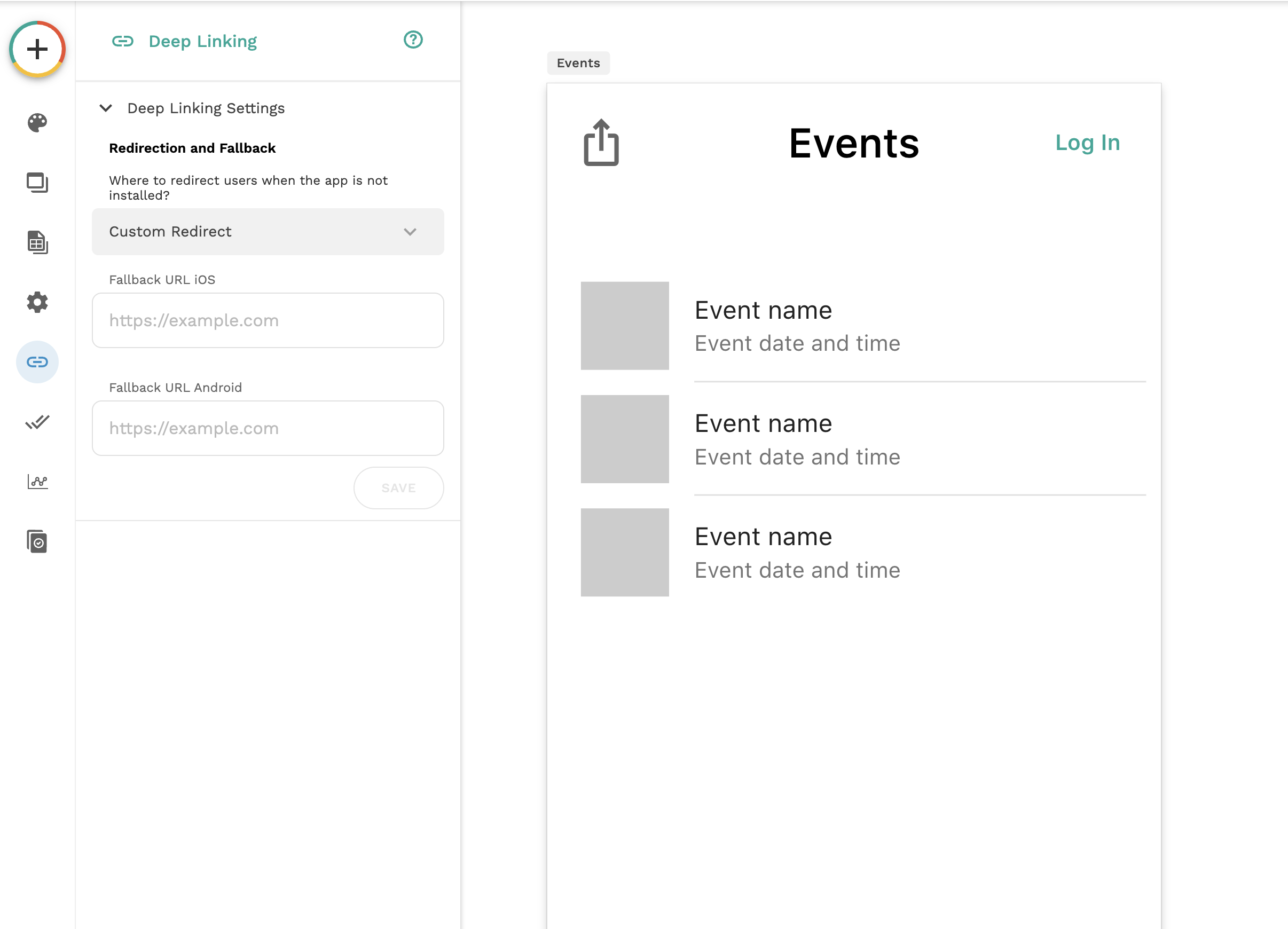 Adalo Deep Linking Settings showing separate custom fallback URL fields for iOS and Android