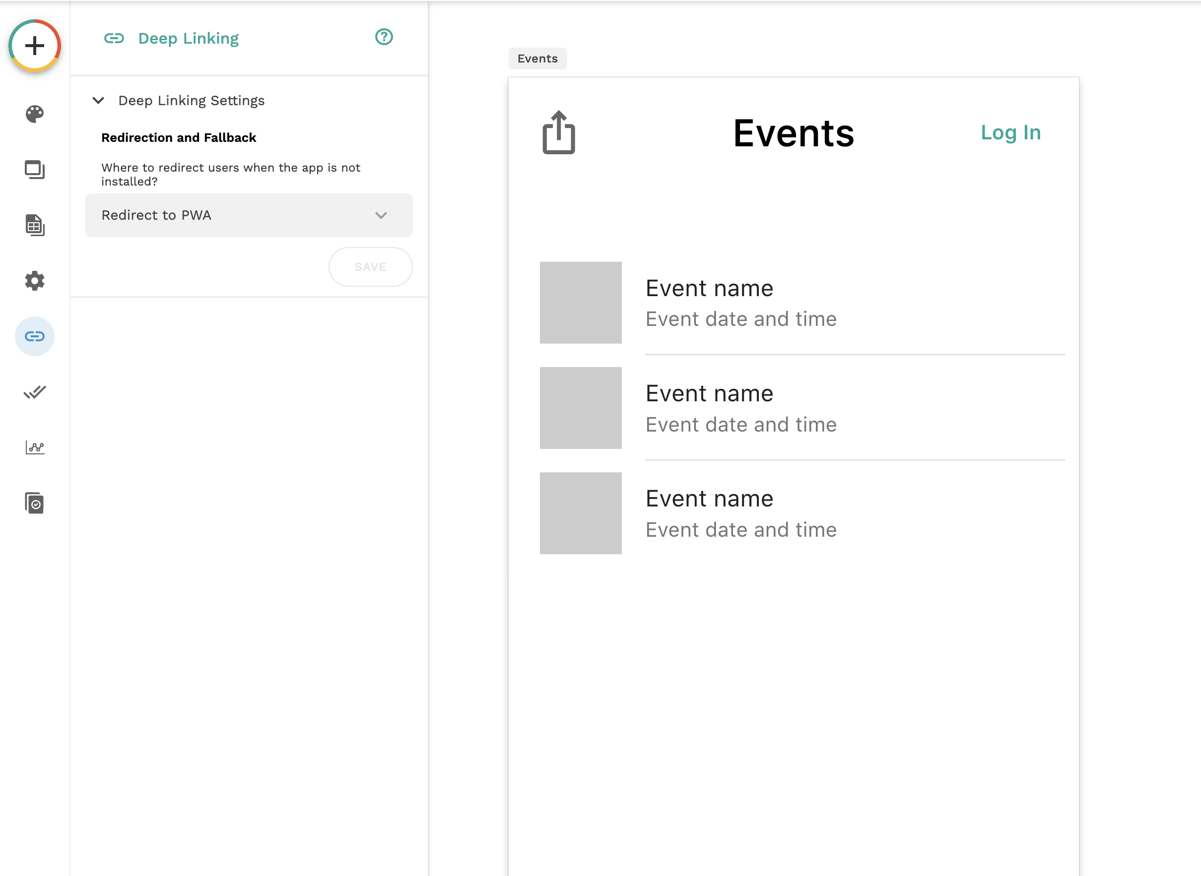 Adalo Deep Linking Settings with Redirect to PWA selected as the fallback