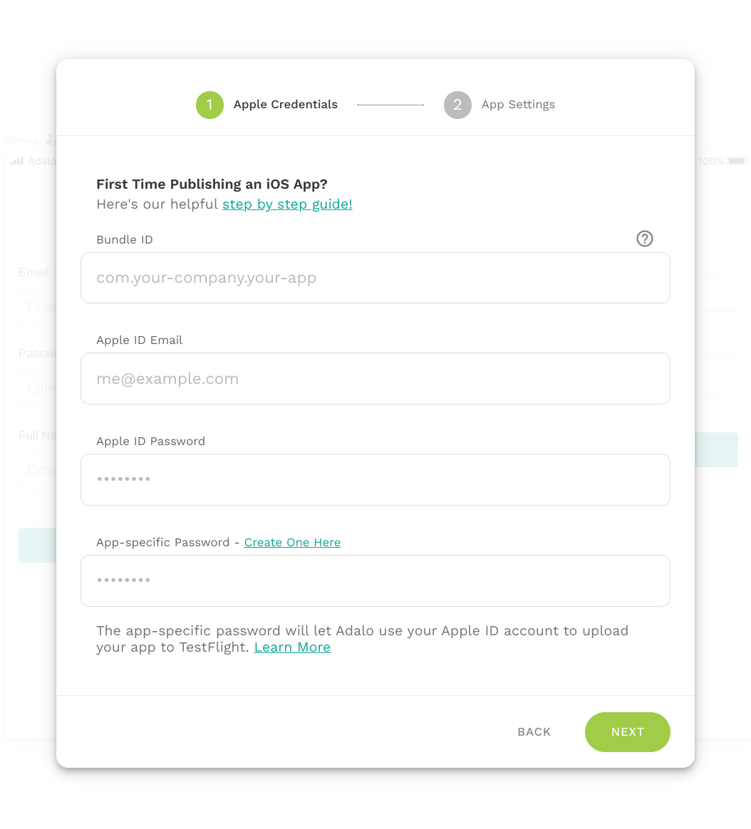 Adalo Apple build form asking for the bundle ID and Apple account credentials