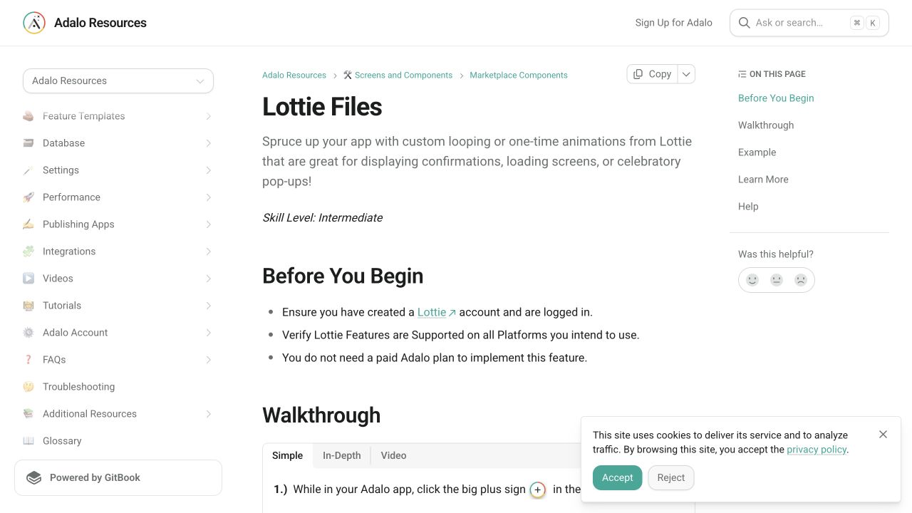 Current Adalo Resources documentation for installing and configuring the Lottie Files component