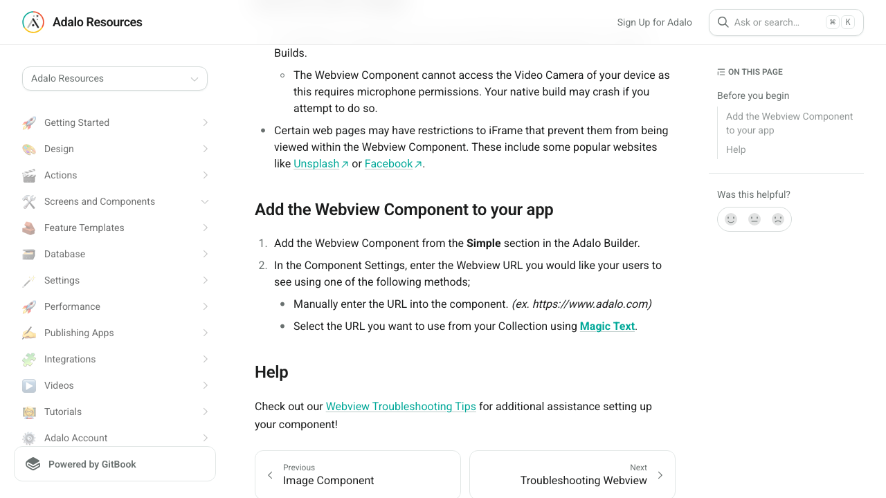 Adalo Webview documentation showing only the Webview URL configuration methods