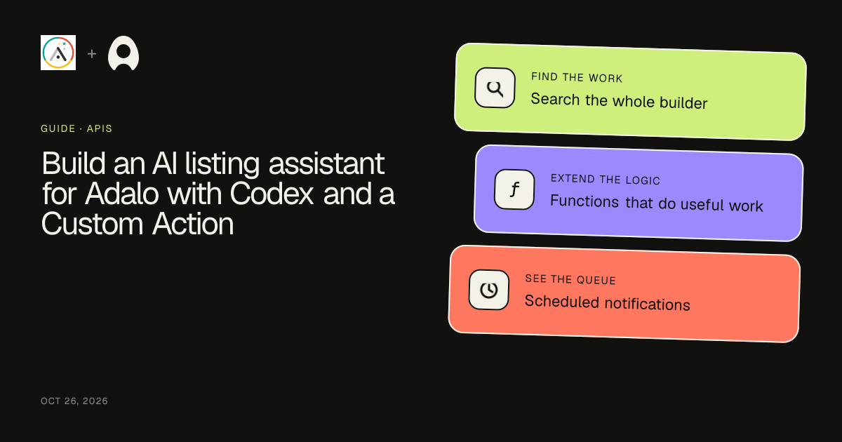 Build an AI listing assistant for Adalo with Codex and a Custom Action cover artwork
