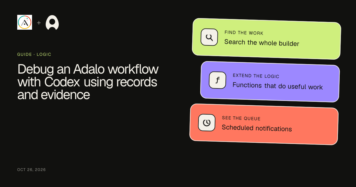 Debug an Adalo workflow with Codex using records and evidence cover artwork